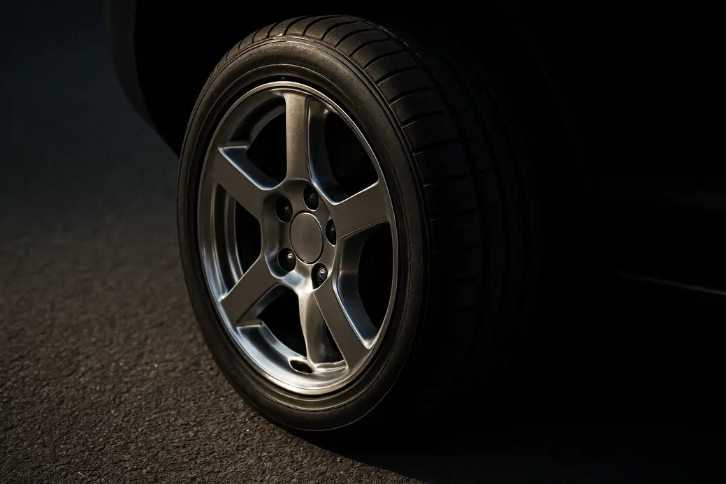 Close-up macro photograph of a large car rim with tire mounted on a vehicle, showing detailed rubber texture and polished metal rim against a coarse asphalt background