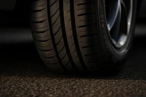 Macro close-up of a single 205/55 R17 car tire mounted on a vehicle, showing detailed rubber tread and contact patch with asphalt road surface in sharp focus.