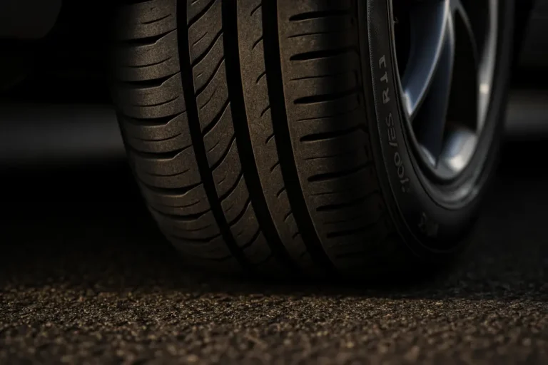 Macro close-up of a single 205/55 R17 car tire mounted on a vehicle, showing detailed rubber tread and contact patch with asphalt road surface in sharp focus.