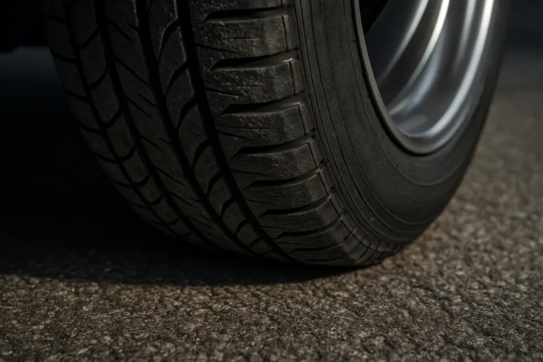Macro close-up of a single mounted car tire showing detailed rubber tread making direct contact with coarse asphalt surface under natural lighting