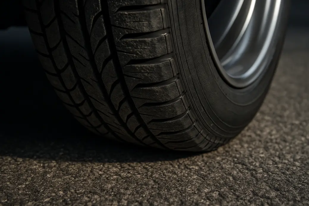 Macro close-up of a single mounted car tire showing detailed rubber tread making direct contact with coarse asphalt surface under natural lighting