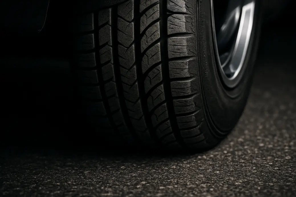 Close-up of a single car tire mounted on a vehicle, showing detailed tread pattern and rubber texture gripping a coarse asphalt road surface.