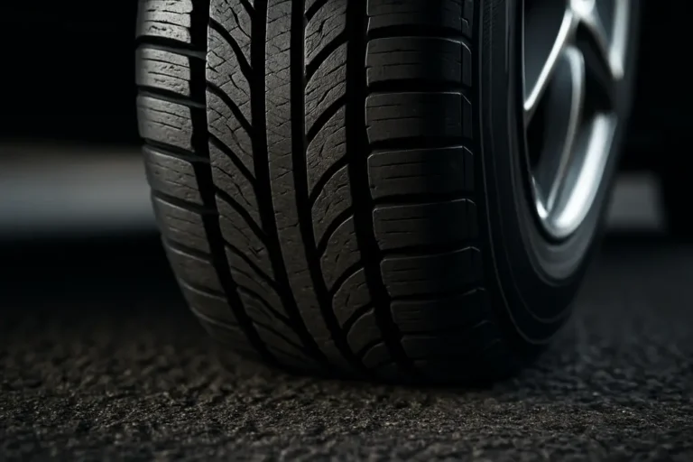 Close-up photo of a single new car tire mounted on a vehicle, showing detailed rubber texture and tire tread in contact with coarse asphalt surface.