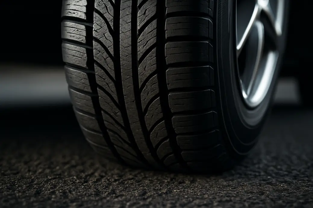 Close-up photo of a single new car tire mounted on a vehicle, showing detailed rubber texture and tire tread in contact with coarse asphalt surface.