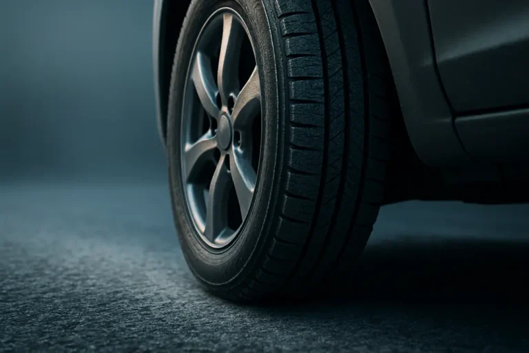 Macro photo of a single car tire mounted on a vehicle in cold conditions with light frost on coarse asphalt, showing detailed rubber texture and rim reflections.