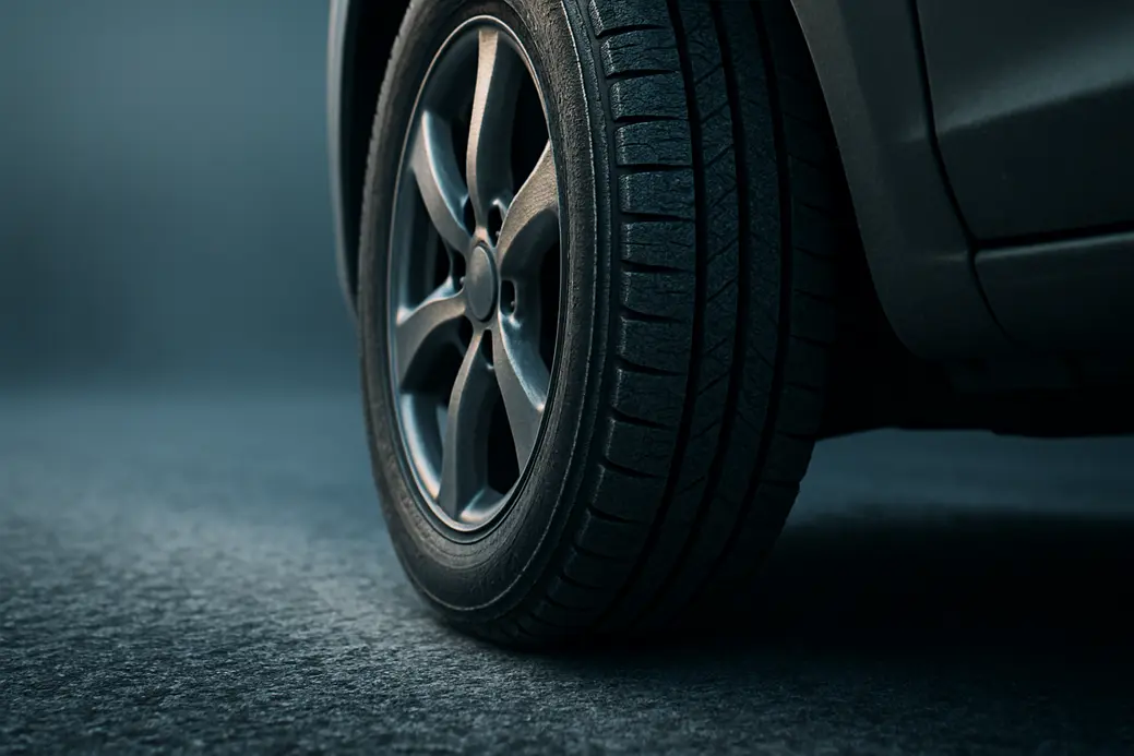 Macro photo of a single car tire mounted on a vehicle in cold conditions with light frost on coarse asphalt, showing detailed rubber texture and rim reflections.