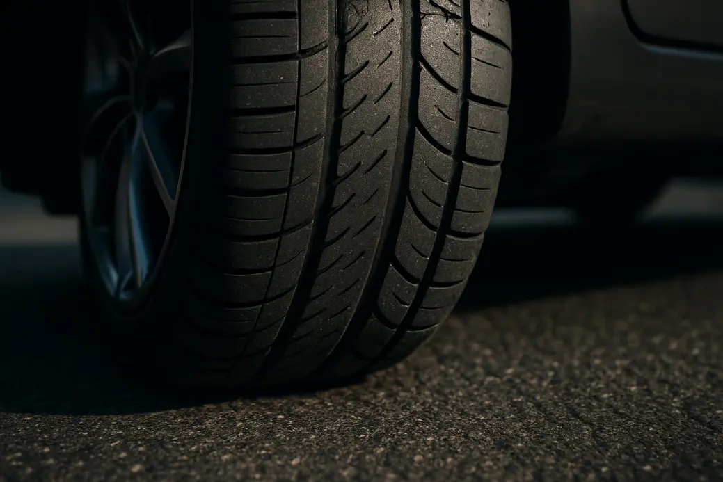 Close-up photo of a single 205 45 R17 car tire mounted on a vehicle, showing the tire tread and slight sidewall deformation where the tire meets the asphalt, illustrating correct tire pressure with natural contact patch details.