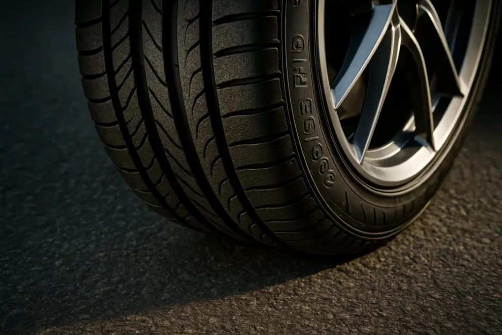 Close-up fotografie van een enkele auto band maat 235 35 R19 gemonteerd aan een voertuig, met scherp zicht op het profiel en de rubbertextuur die contact maakt met een ruwe asfalt ondergrond.