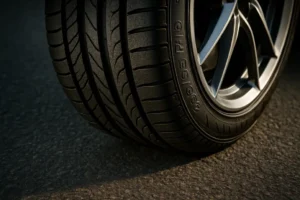 Close-up fotografie van een enkele auto band maat 235 35 R19 gemonteerd aan een voertuig, met scherp zicht op het profiel en de rubbertextuur die contact maakt met een ruwe asfalt ondergrond.