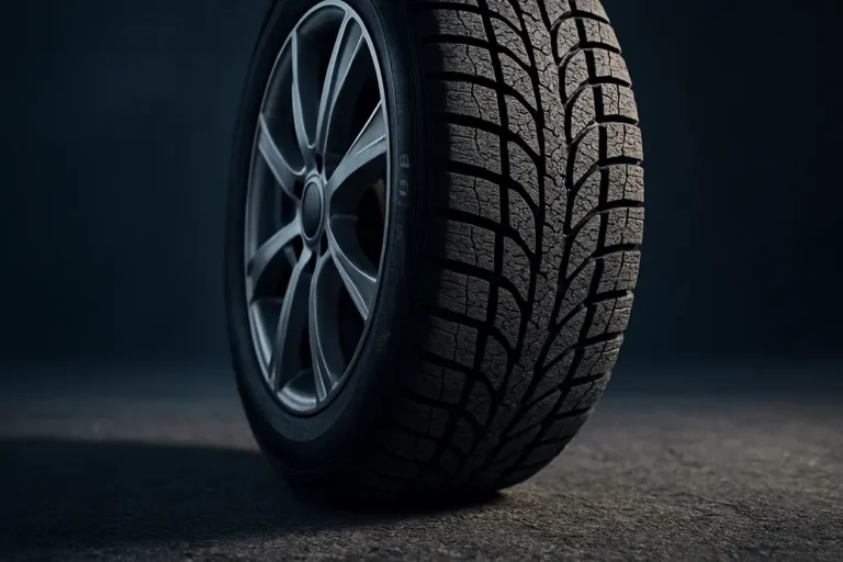Close-up photo of a single 205 55 R16 winter tire mounted on a car, showing detailed tread texture and subtle deformation where it contacts cold asphalt in a winter setting.