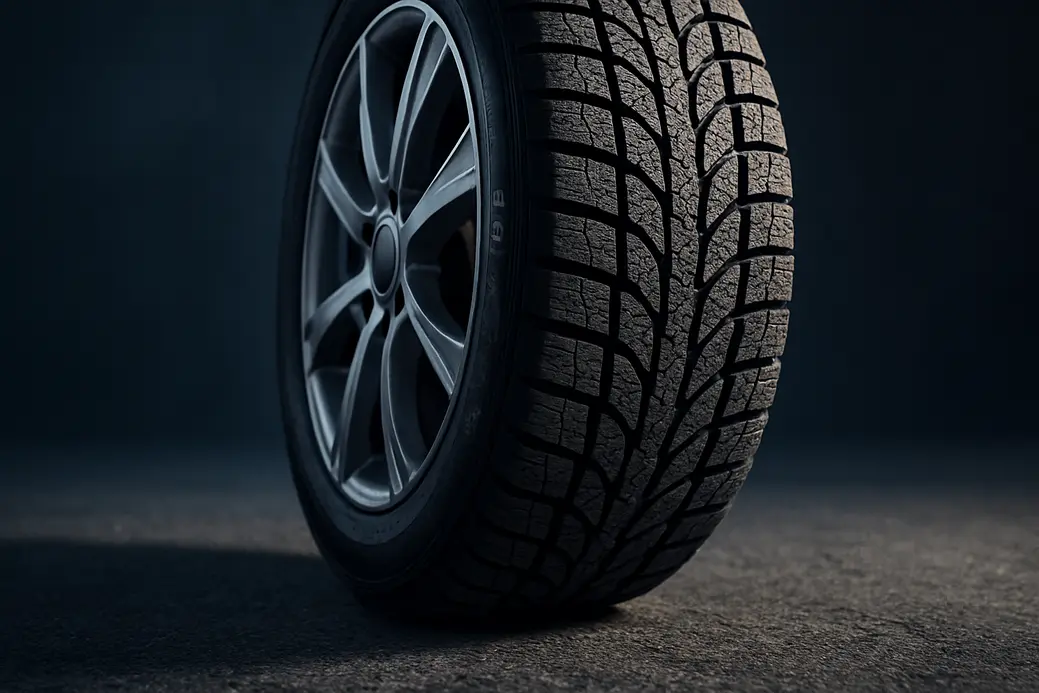 Close-up photo of a single 205 55 R16 winter tire mounted on a car, showing detailed tread texture and subtle deformation where it contacts cold asphalt in a winter setting.