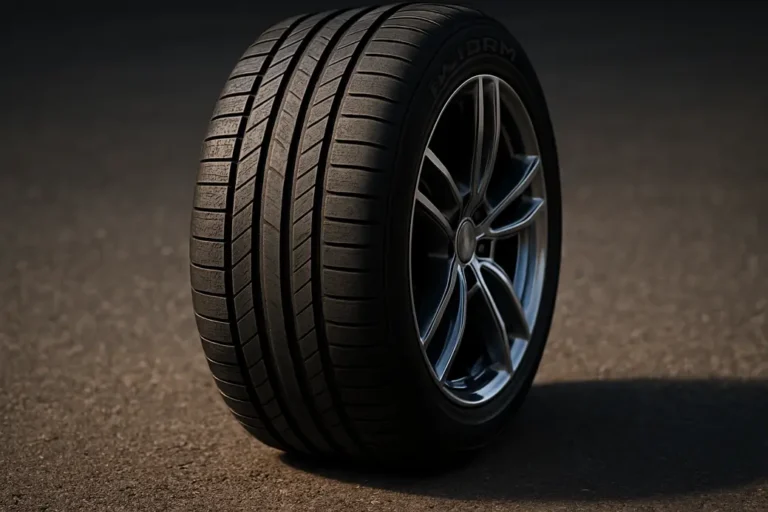 Macro photograph of a single 255/45 R19 car tire mounted on a luxury midsize SUV wheel, showing detailed tread pattern and vulcanized rubber texture in contact with coarse asphalt surface, highlighting correct tire pressure and deformation.
