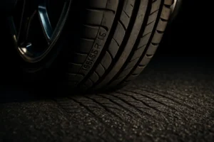 Macro close-up photograph of a single 195/55 R16 car tire mounted on a vehicle, showing detailed rubber tread deformation on the asphalt contact patch, illustrating the effect of tire pressure.
