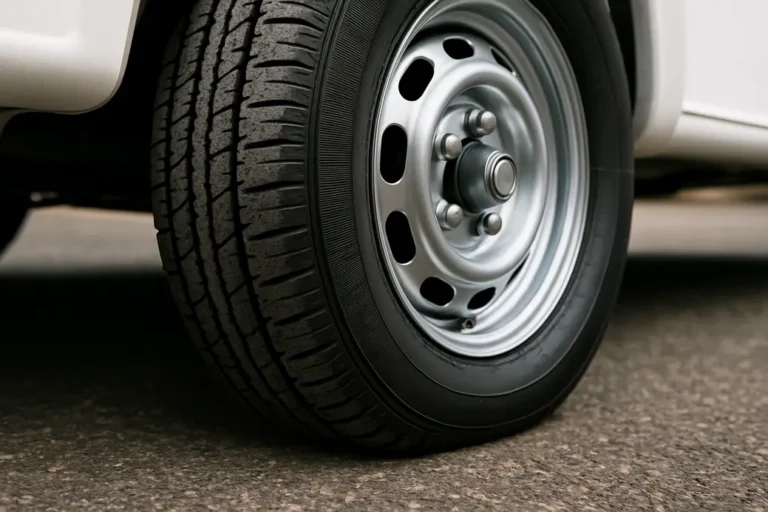 Macro close-up photo of a single caravan tire mounted on a caravan wheel, showing vulcanized rubber texture and tread pattern on coarse asphalt ground, highlighting correct tire pressure through subtle sidewall deformation