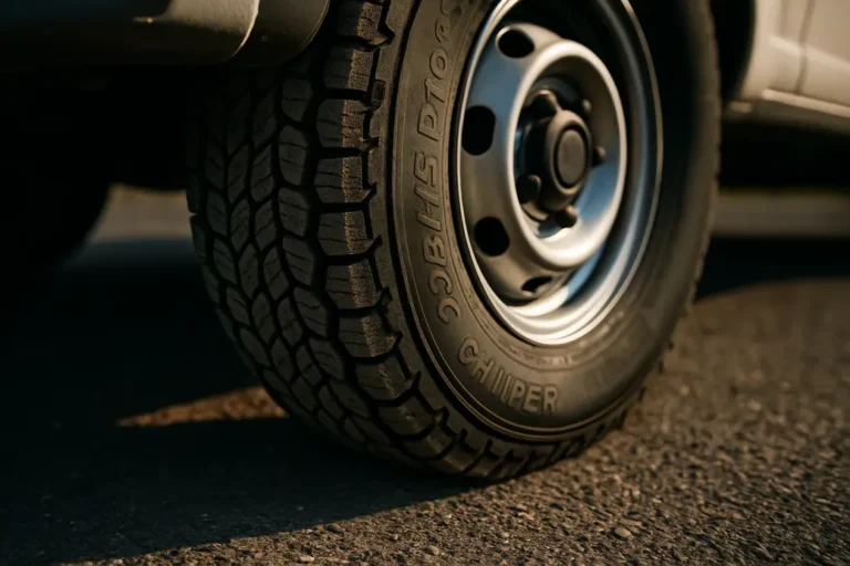 Close-up low-angle photo of a single 225/75 R16 camper tire mounted on a camper, showing detailed rubber texture and tread pattern in firm contact with coarse asphalt road under natural lighting.