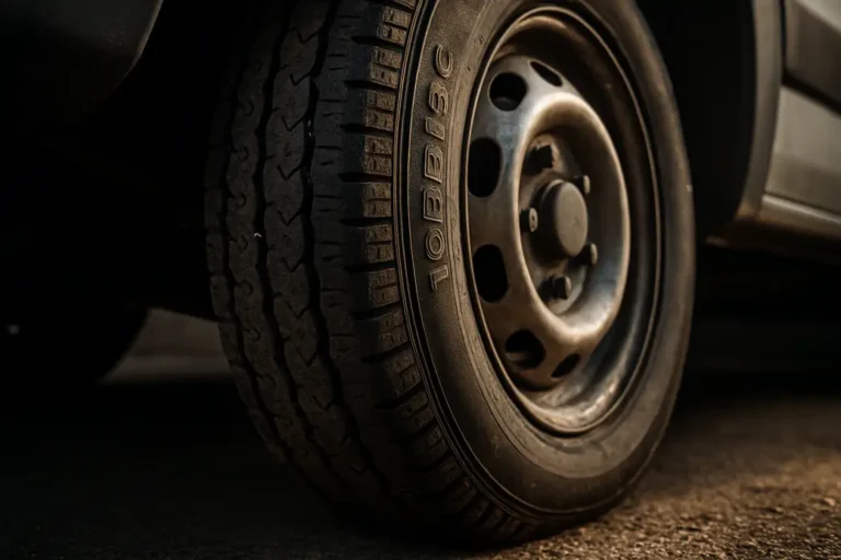 Close-up macro photograph of a single 165r13c tire mounted on a light commercial vehicle, showing detailed tread pattern and rubber texture, with a coarse asphalt or workshop floor background and parts of the wheel arch and suspension visible.