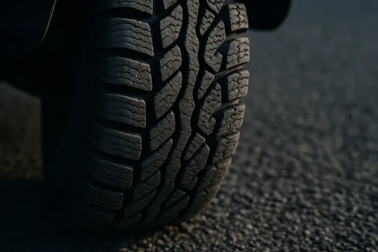 Close-up photo of a single mounted winter tire showing vulcanized rubber texture and coarse tread pattern on rough asphalt surface