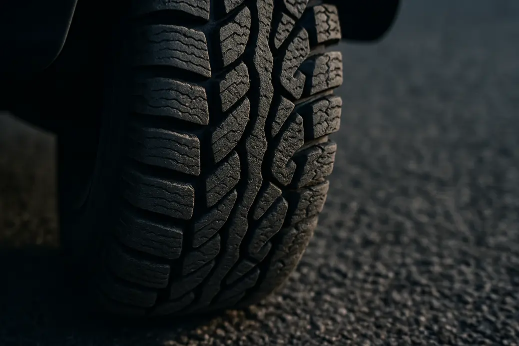 Close-up photo of a single mounted winter tire showing vulcanized rubber texture and coarse tread pattern on rough asphalt surface