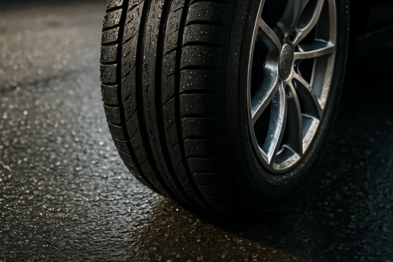 Close-up macro photo of a wet summer tire mounted on a car, showing detailed wet tread texture and water droplets on the tire and wet asphalt road surface.