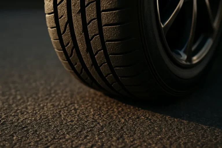 Close-up photorealistic macro photograph of a single summer tire mounted on a car, showing detailed vulcanized rubber texture and the contact patch with coarse asphalt under dramatic side lighting
