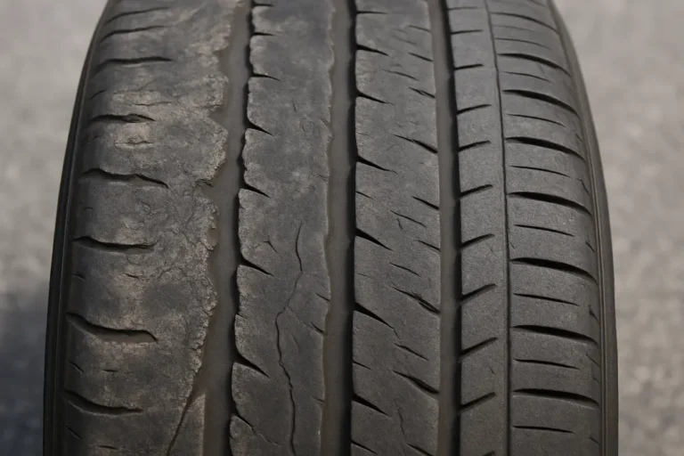 Semi-fotorealistische afbeelding van een autoband met variërende slijtagepatronen ter illustratie van onregelmatige bandenslijtage.