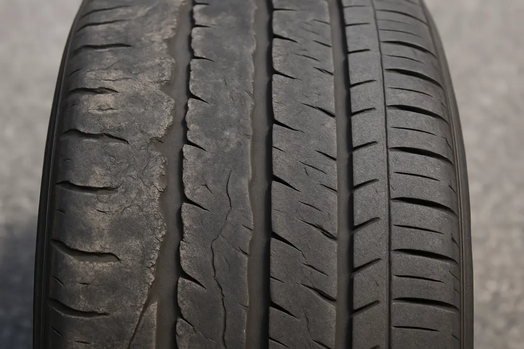 Semi-fotorealistische afbeelding van een autoband met variërende slijtagepatronen ter illustratie van onregelmatige bandenslijtage.