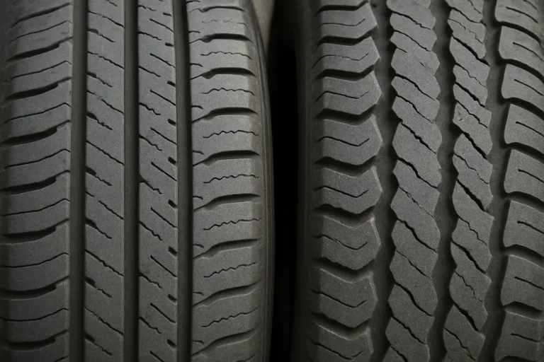 Close-up image comparing a normal tire tread profile with a sawtooth wear pattern where the ribs or blocks are unevenly worn, one side higher than the other, forming a sawtooth edge.