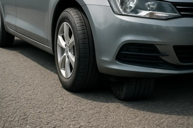 Auto met banden die het wegdek raken, waarbij de vervorming van de banden door diverse bandenspanningen zichtbaar is, illustrerend hoe dit de grip beïnvloedt.