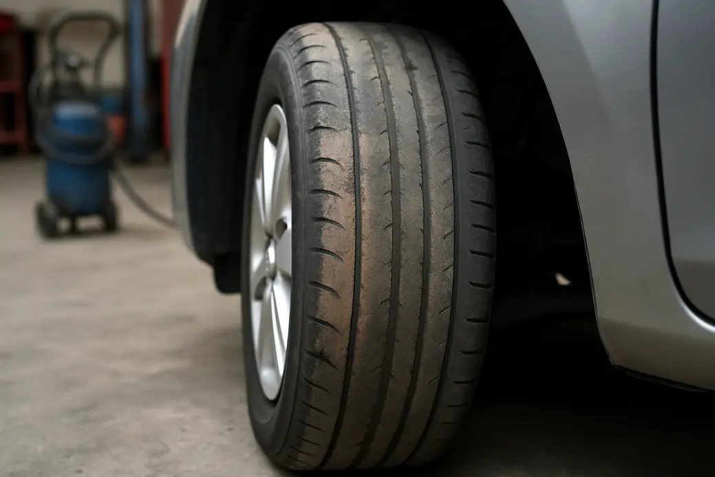 Close-up van een auto voorwiel met een ongelijkmatig versleten bandenprofiel, met kleurverschillen die drukpunten aangeven, en een bandenpomp in de achtergrond die onderhoud suggereert.