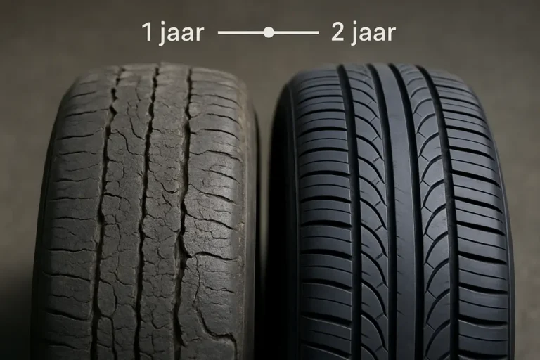 Close-up van een versleten autoband naast een nog veilige band, met een grafische tijdsbalk die de leeftijd van de banden aangeeft.