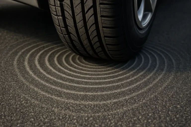 Close-up photorealistic image of a vehicle tire in contact with the textured road surface, highlighting the tire tread and road profile with visual sound waves representing tire noise generation.