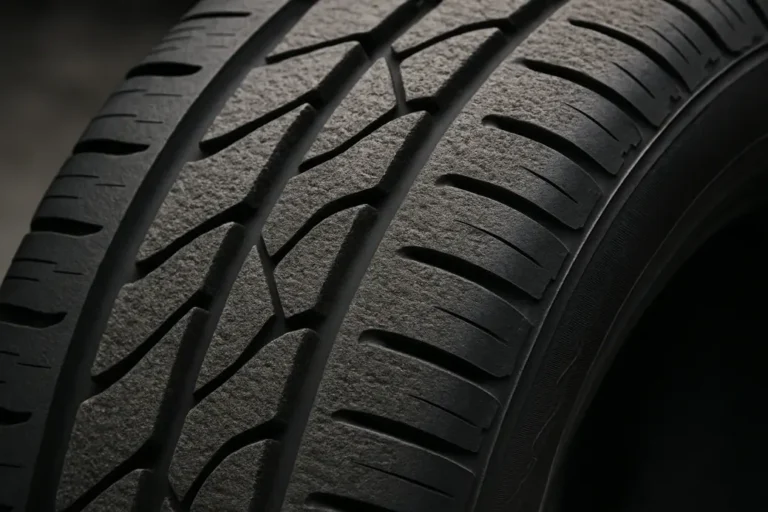 Close-up van het profiel van een stille autoband, met zichtbare geluidsdempende structuren en materialen.
