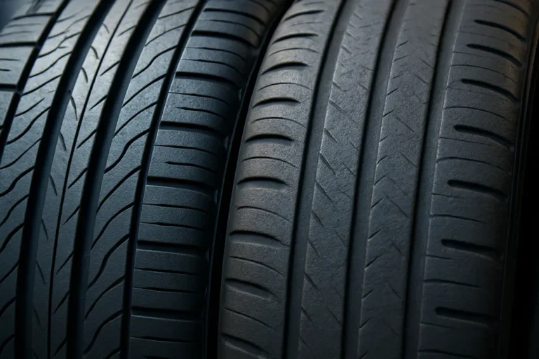 Close-up foto van het bandenprofiel van een autoband, met duidelijke ribbels, groeven en lamellen, en een vergelijking tussen een nieuw en een versleten profiel.