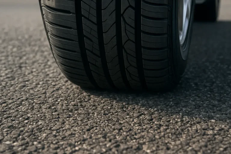 Close-up van een autoband met zichtbare profielstructuur die over gedetailleerd asfalt rolt, om het contact en het geluid bij afrollen te verduidelijken.