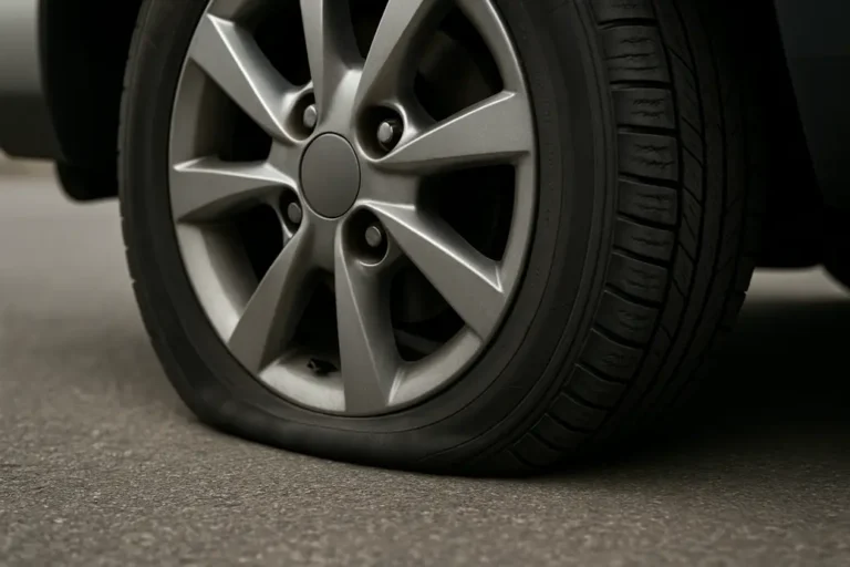 Close-up van een autoband met lage bandenspanning, waarbij de contactzone met het wegdek vergroot en duidelijk zichtbaar is, wat de gevolgen voor het rijcomfort toont.