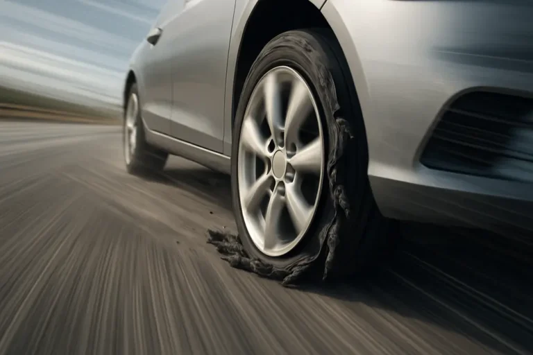 Afbeelding van een auto die met hoge snelheid rijdt met een duidelijk gescheurde of lekke band, waarbij de snelheid wordt benadrukt door bewegingsonscherpte en snelheidslijnen, met een snelweg op de achtergrond.