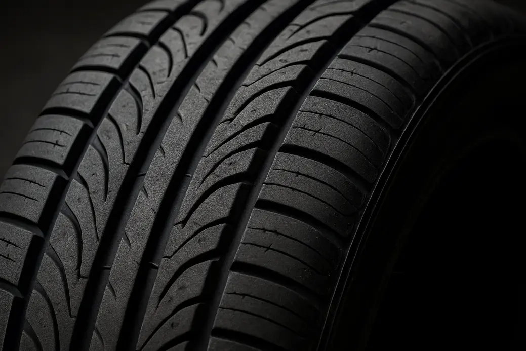 Close-up fotorealistische afbeelding van een nieuwe autoband met duidelijk zichtbaar profiel en textuur, bedoeld om rijcomfortverschillen te illustreren.