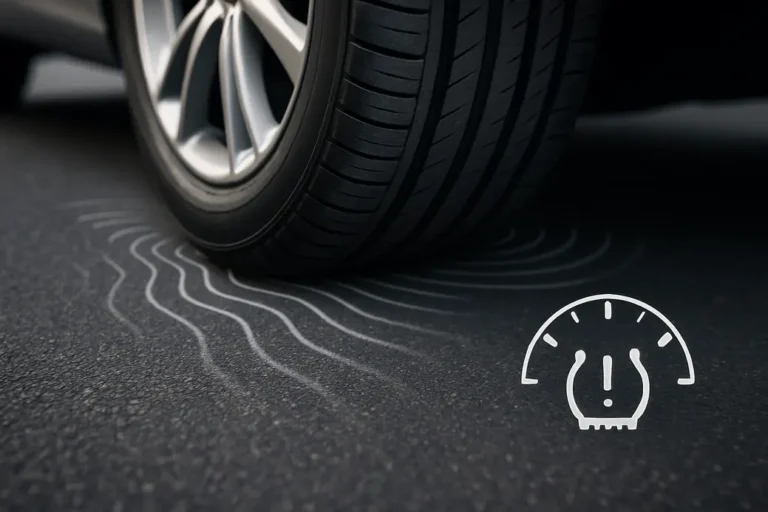 Close-up van een autoband die het wegoppervlak raakt, met trillingen en geluidsgolven zichtbaar en een indicator voor bandenspanning.