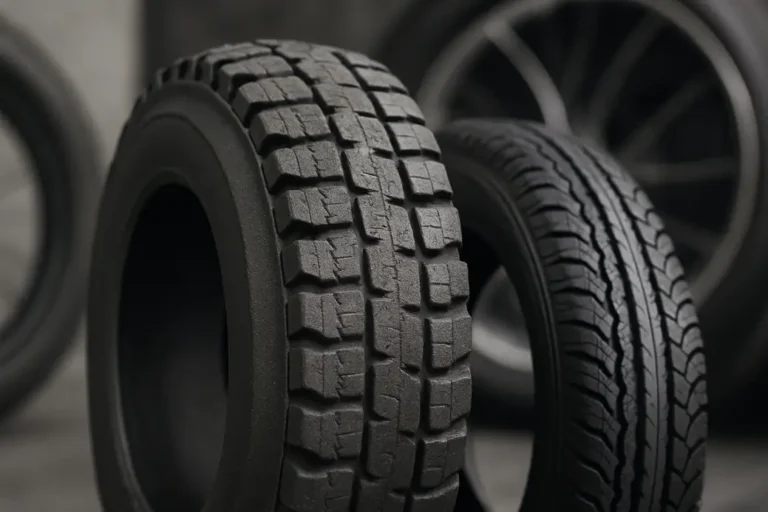 Close-upfoto van een harde massieve band naast een standaard luchtband, met zichtbaar verschil in materiaal en opbouw, tegen een neutrale achtergrond met wiel of velg, zonder mensen of tekst.