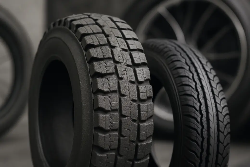 Close-upfoto van een harde massieve band naast een standaard luchtband, met zichtbaar verschil in materiaal en opbouw, tegen een neutrale achtergrond met wiel of velg, zonder mensen of tekst.