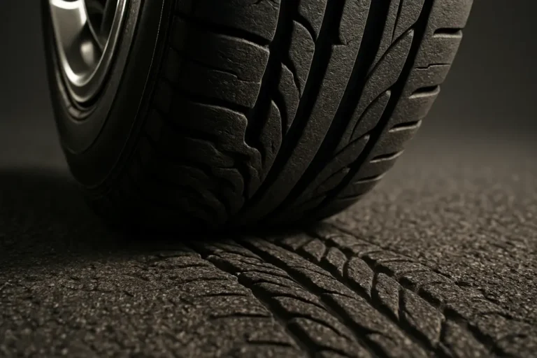 Macro shot of a single car tire's tread deforming against coarse asphalt, showing detailed rubber texture and contact pressure illustrating rolling resistance