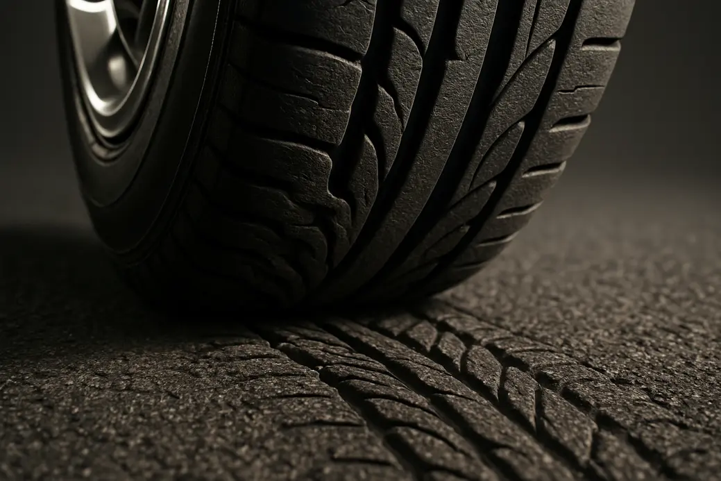 Macro shot of a single car tire's tread deforming against coarse asphalt, showing detailed rubber texture and contact pressure illustrating rolling resistance