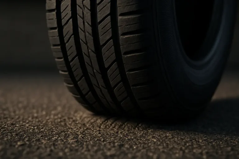 Macro close-up photo of a single new car tire tread compressed against coarse asphalt, showing detailed rubber texture and deformation at the contact point, visualizing rolling resistance
