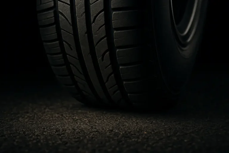 Macro close-up photograph of a single car tire with visible rubber deformation at its contact patch against a coarse asphalt surface, illustrating rolling resistance.