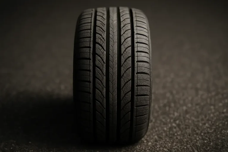Macro close-up photo of a single fuel-efficient car tire showing detailed tread pattern and vulcanized rubber texture on a coarse asphalt surface.