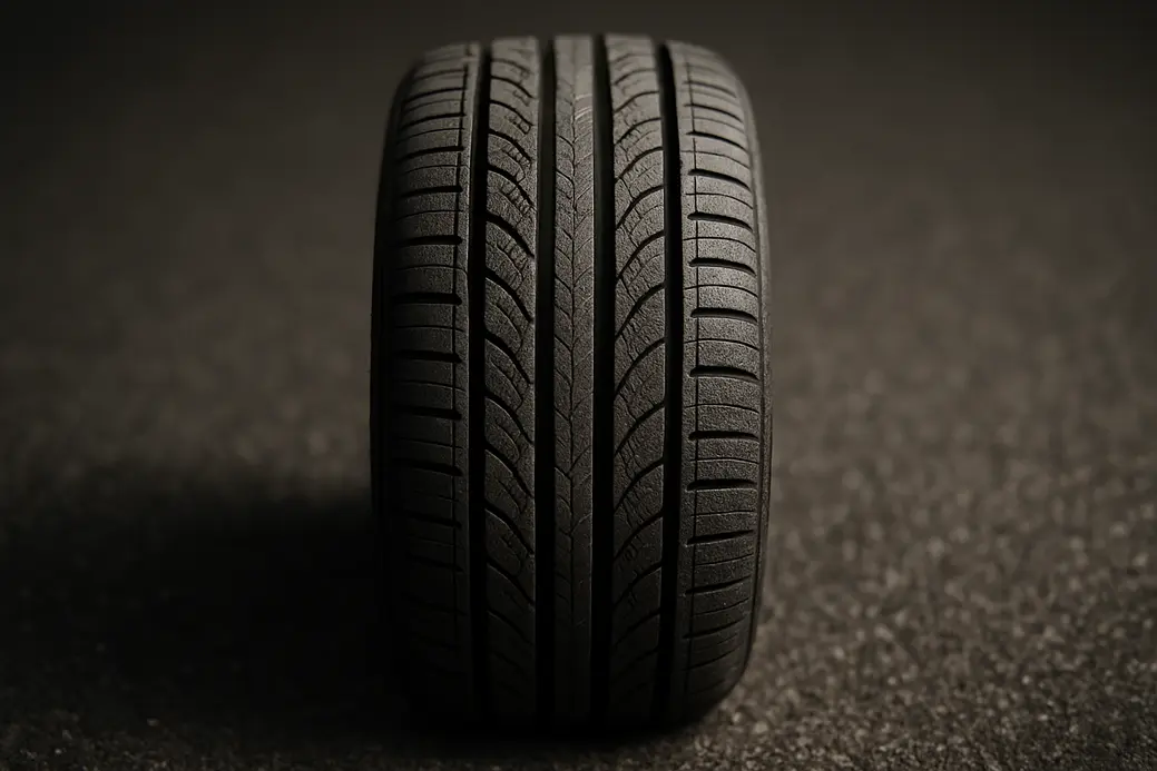Macro close-up photo of a single fuel-efficient car tire showing detailed tread pattern and vulcanized rubber texture on a coarse asphalt surface.