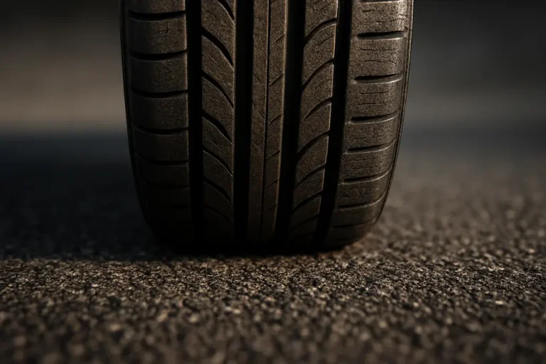 Macro close-up of a single wide car tire's contact patch with a coarse asphalt road, showing detailed rubber tread texture and clear tire profile in sharp focus with blurred background.