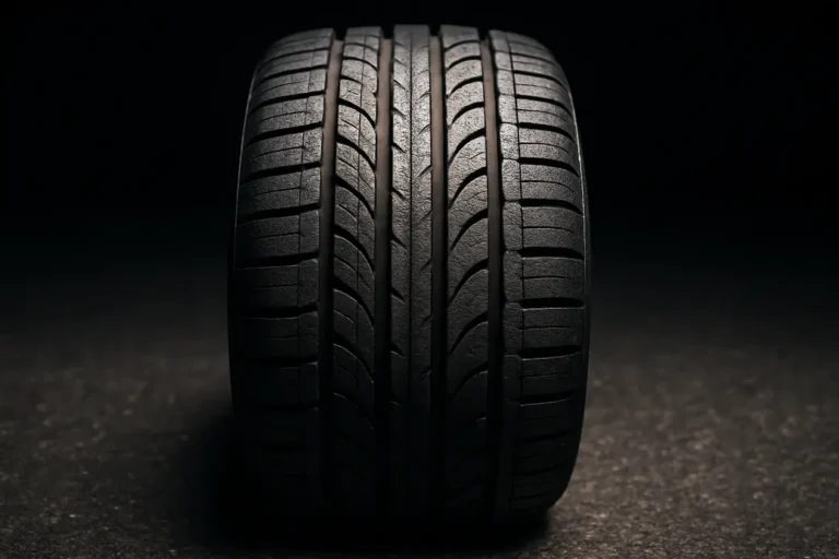 Close-up macro photo of a single car tire's vulcanized rubber texture and detailed tread in contact with coarse asphalt under studio lighting