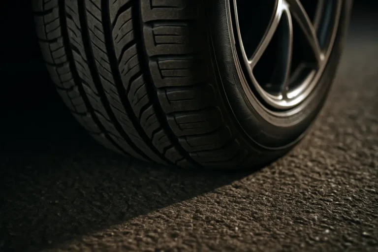 Close-up low-angle photo of a single car tire tread pressed on coarse asphalt showing texture and deformation to represent rolling resistance