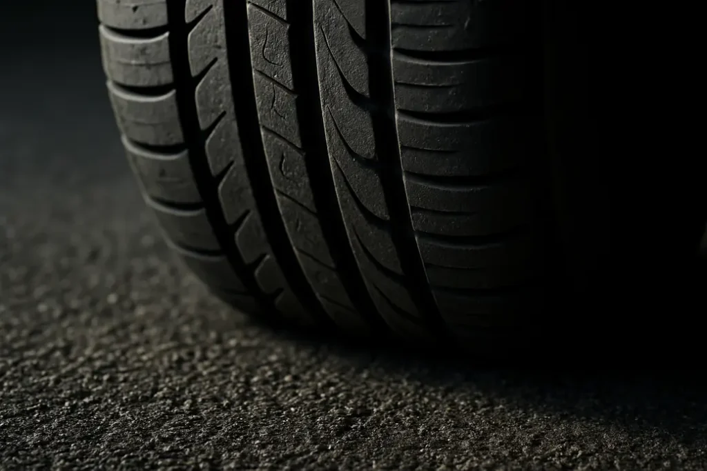 Close-up macro photograph of a single car tire showing vulcanized rubber texture and visible deformation at the contact patch on coarse asphalt surface